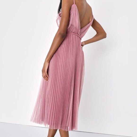Pink Mesh Pleated Sleeveless Midi Dress - Picture 2 of 7